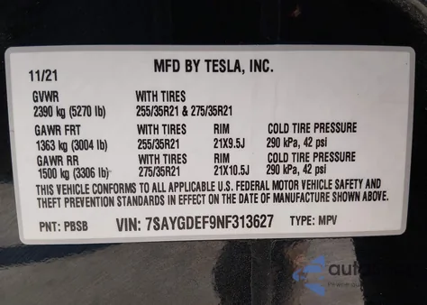 2022 Tesla Model Y Performance Dual Motor All-Wheel Drive z USA, uszkodzony, nr VIN 7SAYGDEF9NF313627